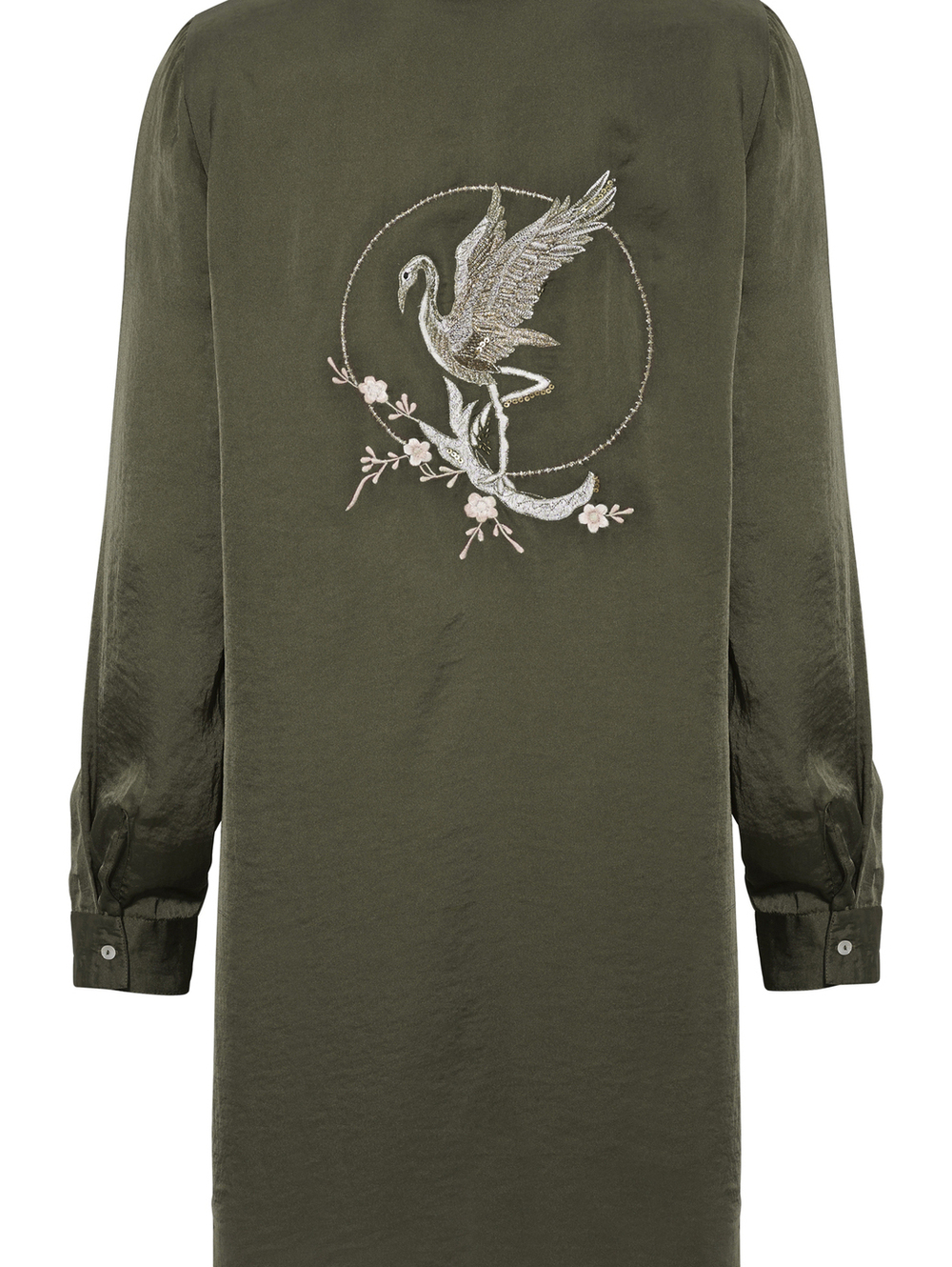 Zara Trafaluc Olive Green Embroidered Crane Tunic Shirt Oversized Top -  L